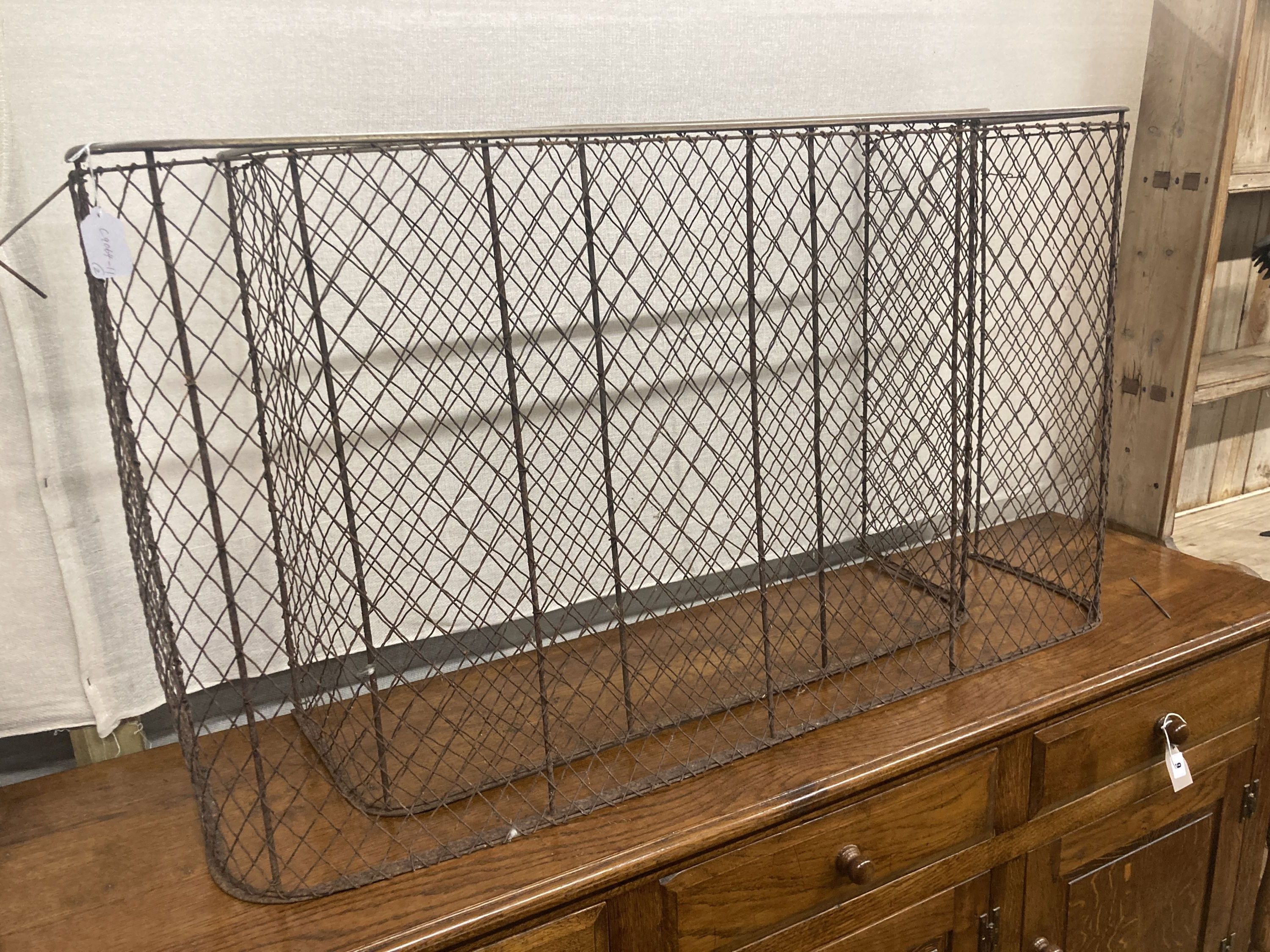 Two Victorian brass mounted mesh spark guards, larger width 120cm, depth 30cm, height 69cm